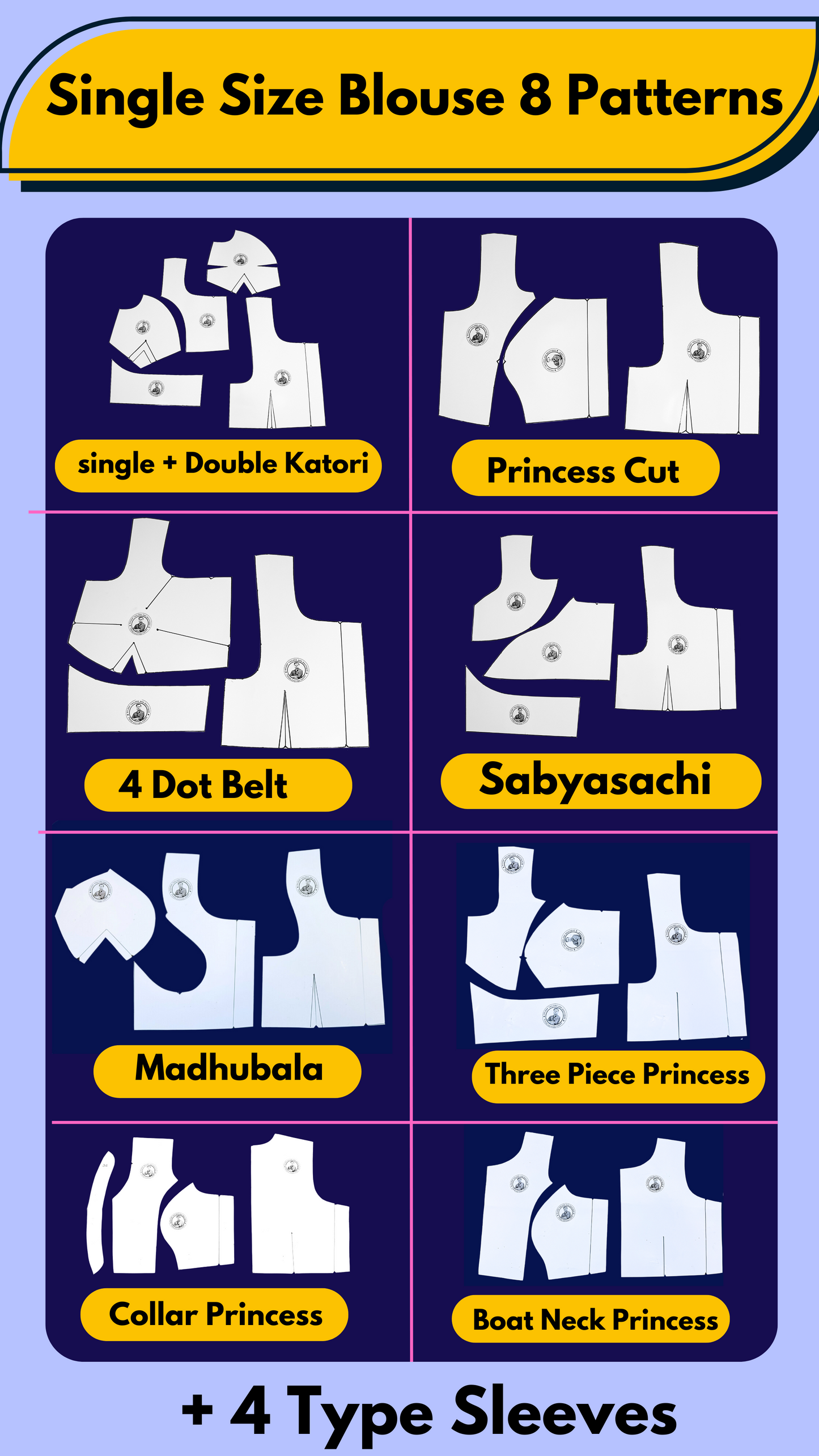 Single Size Blouse 8 Patterns With Book And Free Princess Cut 3 Patterns( 32 36 40 )| BRANDED PAPER CUTTING PATTERNS With 100% Fitting Guarentee |