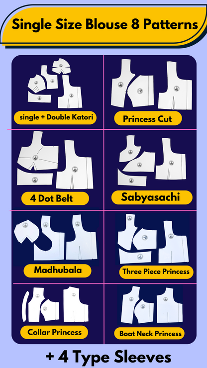Single Size Blouse 8 Patterns With Book And Free Princess Cut 3 Patterns( 32 36 40 )| BRANDED PAPER CUTTING PATTERNS With 100% Fitting Guarentee |