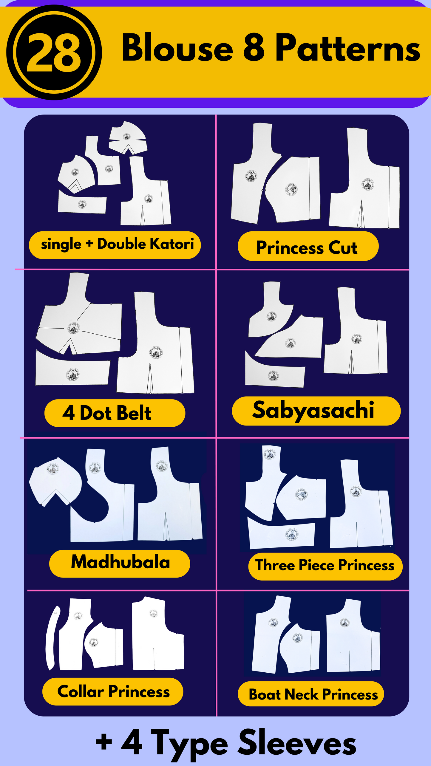 Single Size Blouse 8 Patterns With Book And Free Princess Cut 3 Patterns( 32 36 40 )| BRANDED PAPER CUTTING PATTERNS With 100% Fitting Guarentee |