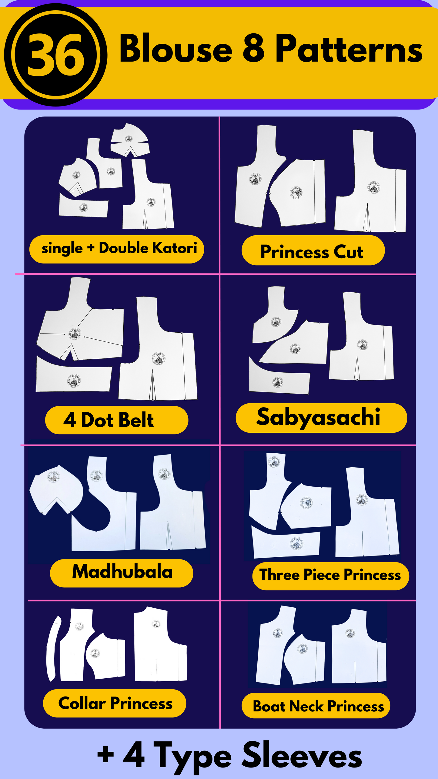 Single Size Blouse 8 Patterns With Book And Free Princess Cut 3 Patterns( 32 36 40 )| BRANDED PAPER CUTTING PATTERNS With 100% Fitting Guarentee |