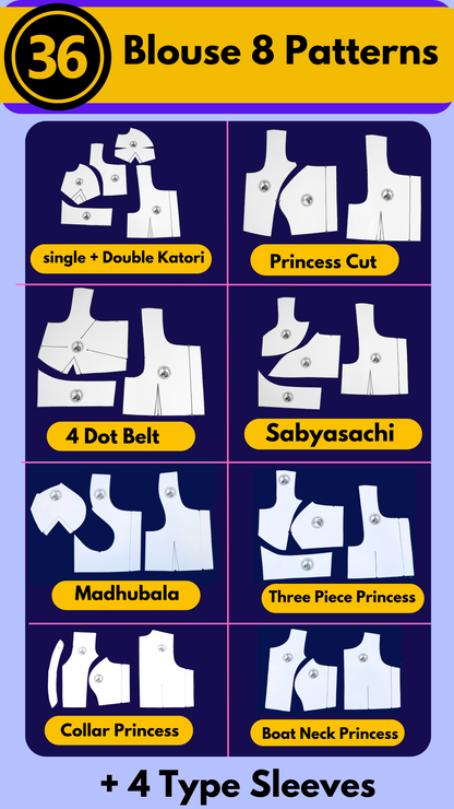 Single Size Blouse 8 Patterns With Book And Free Princess Cut 3 Patterns( 32 36 40 )| BRANDED PAPER CUTTING PATTERNS With 100% Fitting Guarentee |