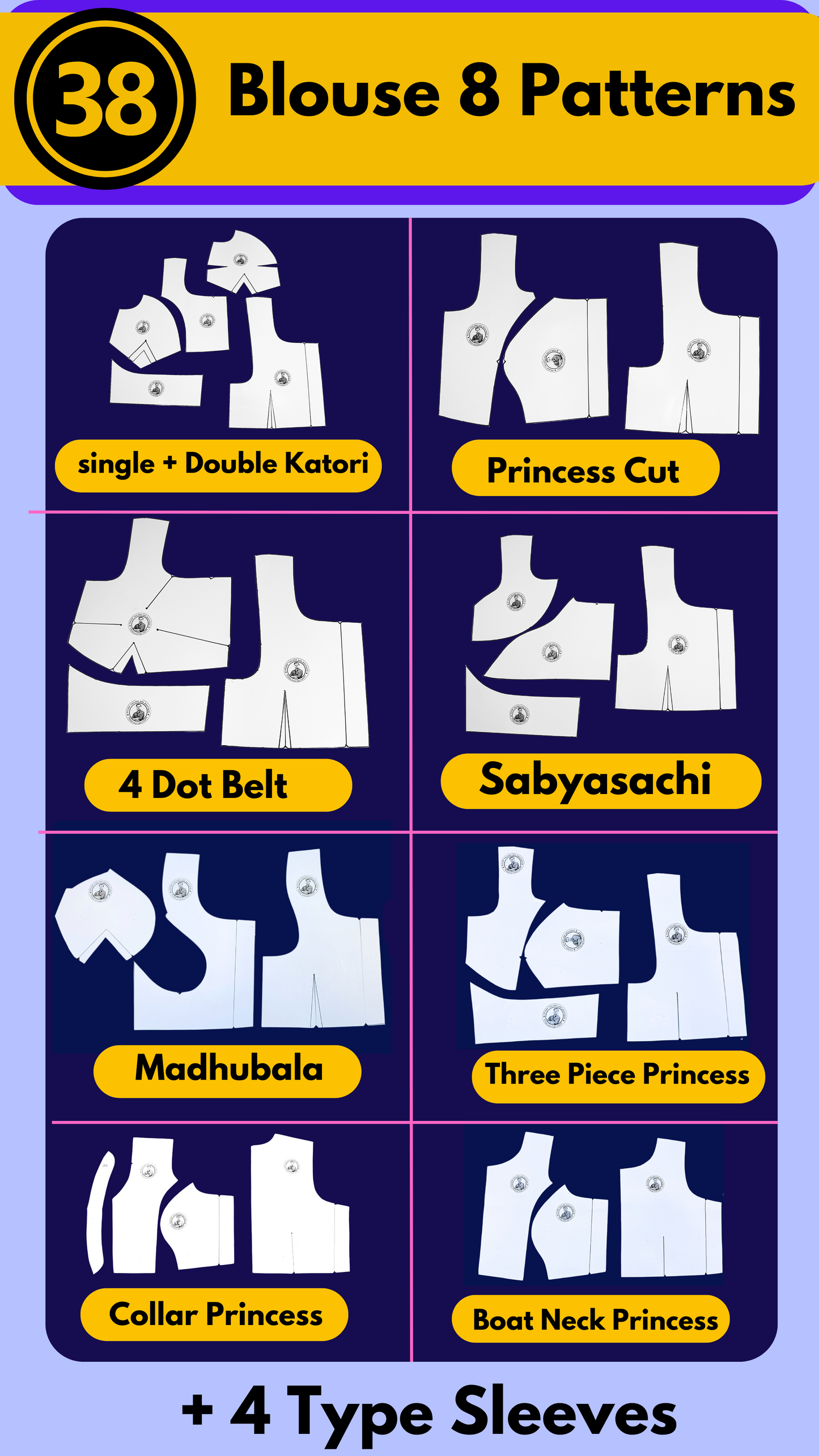 Single Size Blouse 8 Patterns With Book And Free Princess Cut 3 Patterns( 32 36 40 )| BRANDED PAPER CUTTING PATTERNS With 100% Fitting Guarentee |
