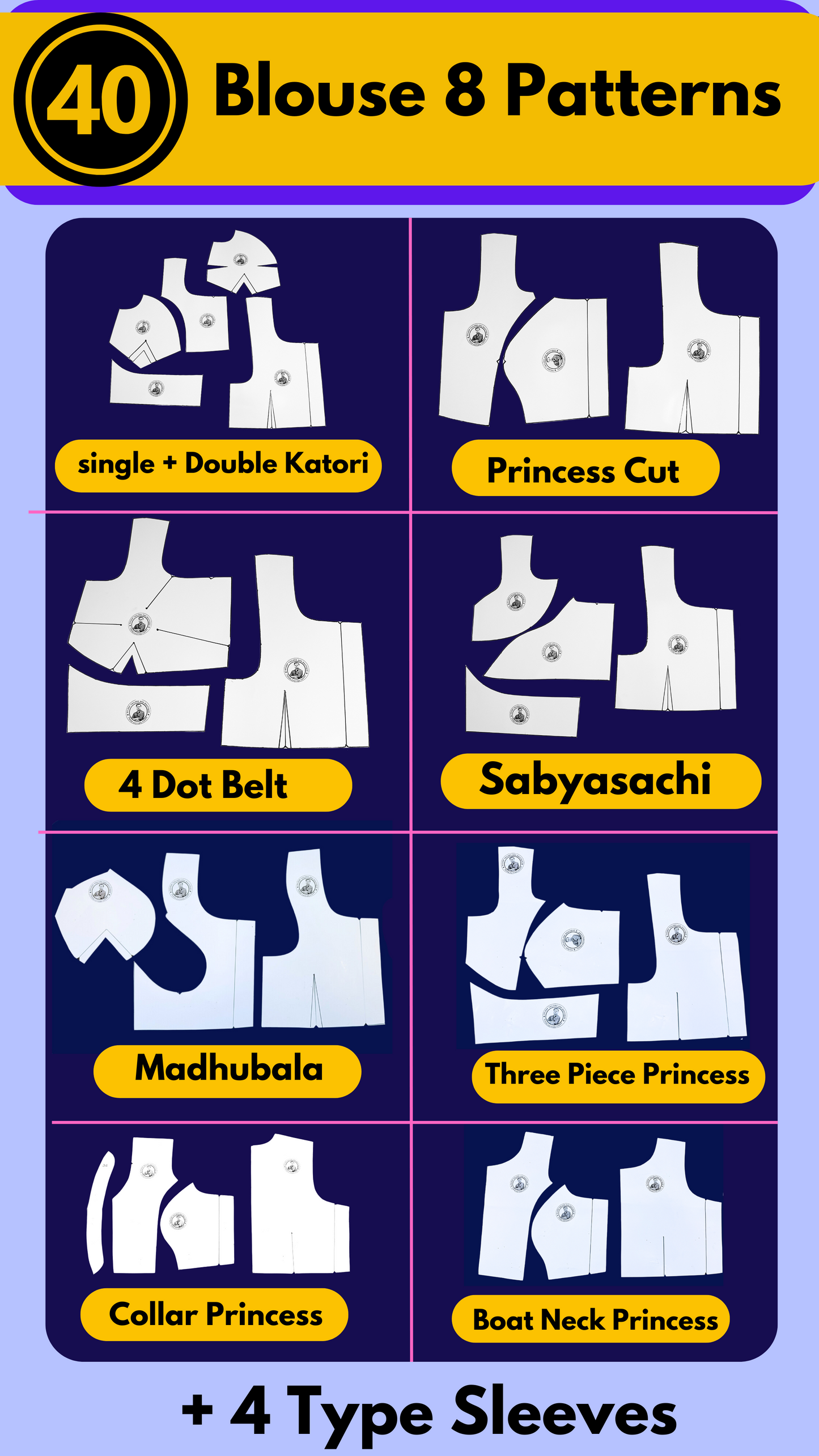 Single Size Blouse 8 Patterns With Book And Free Princess Cut 3 Patterns( 32 36 40 )| BRANDED PAPER CUTTING PATTERNS With 100% Fitting Guarentee |
