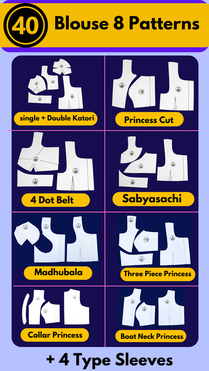 Single Size Blouse 8 Patterns With Book And Free Princess Cut 3 Patterns( 32 36 40 )| BRANDED PAPER CUTTING PATTERNS With 100% Fitting Guarentee |