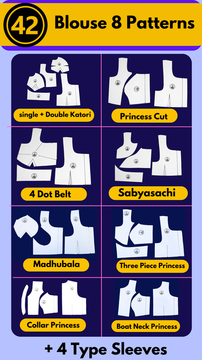 Single Size Blouse 8 Patterns With Book And Free Princess Cut 3 Patterns( 32 36 40 )| BRANDED PAPER CUTTING PATTERNS With 100% Fitting Guarentee |